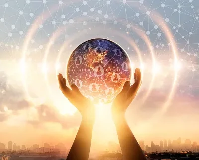 hands holding earth and wave circle global structure network connection and data exchanges