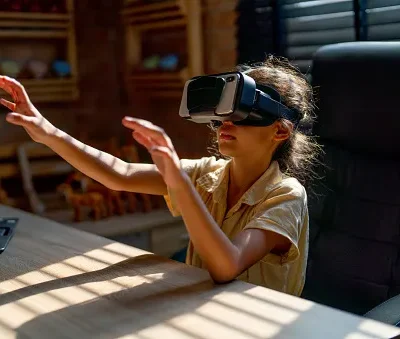 little asian girl enjoy with vr glasses during play in her father working room and warm light